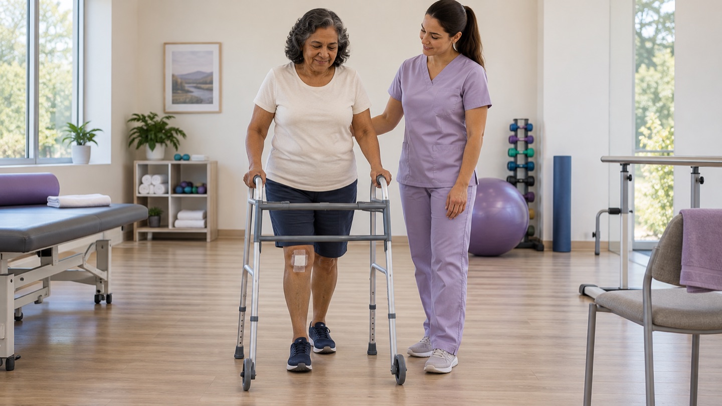Imagem ilustrativa de mulher caminhando com andador, com curativo no joelho e supervisão de uma fisioterapeuta.