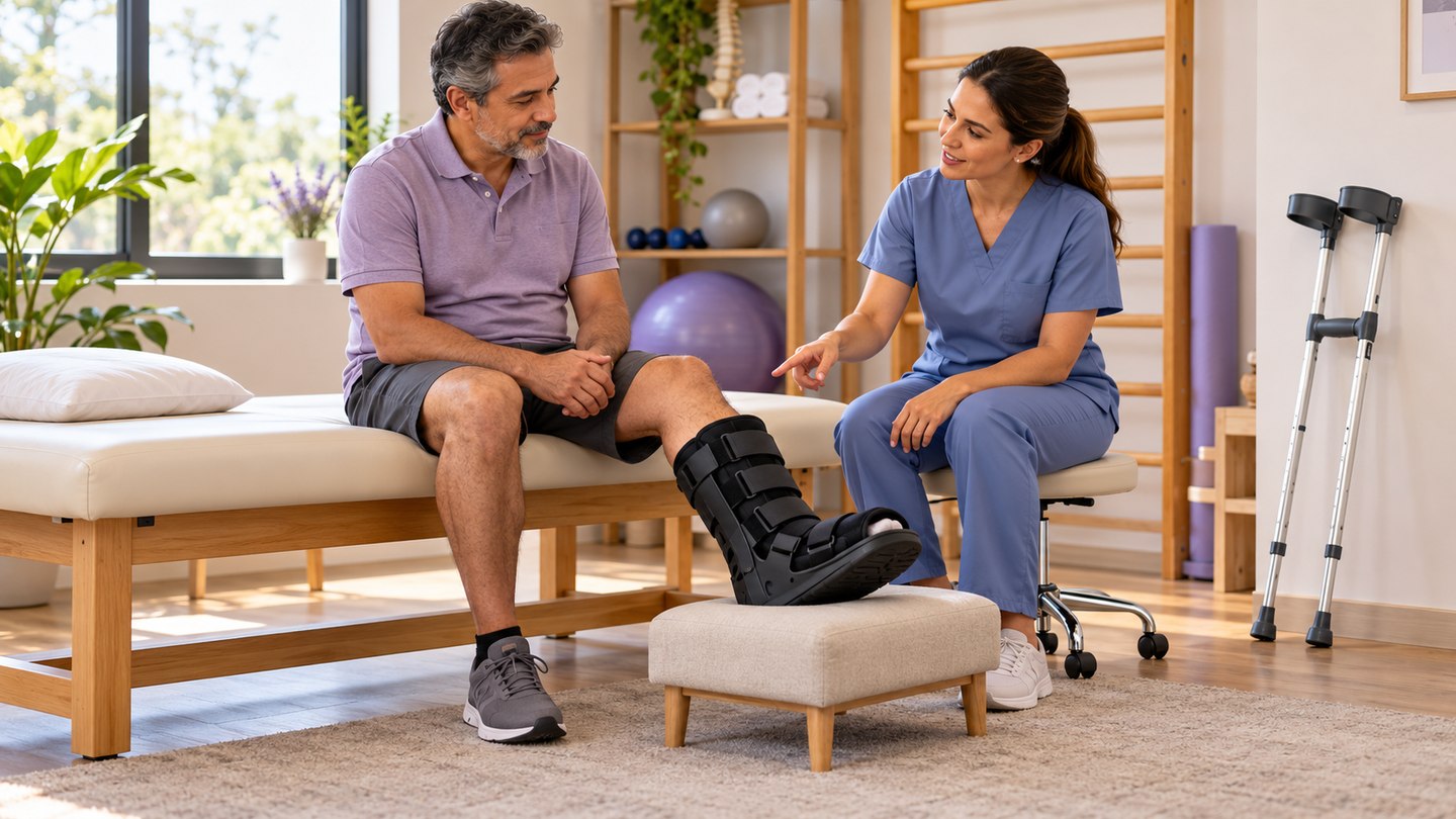 Imagem ilustrativa de homem sentado com uma bota ortopédica apoiada em um banco, conversando com fisioterapeuta, com muletas ao lado.